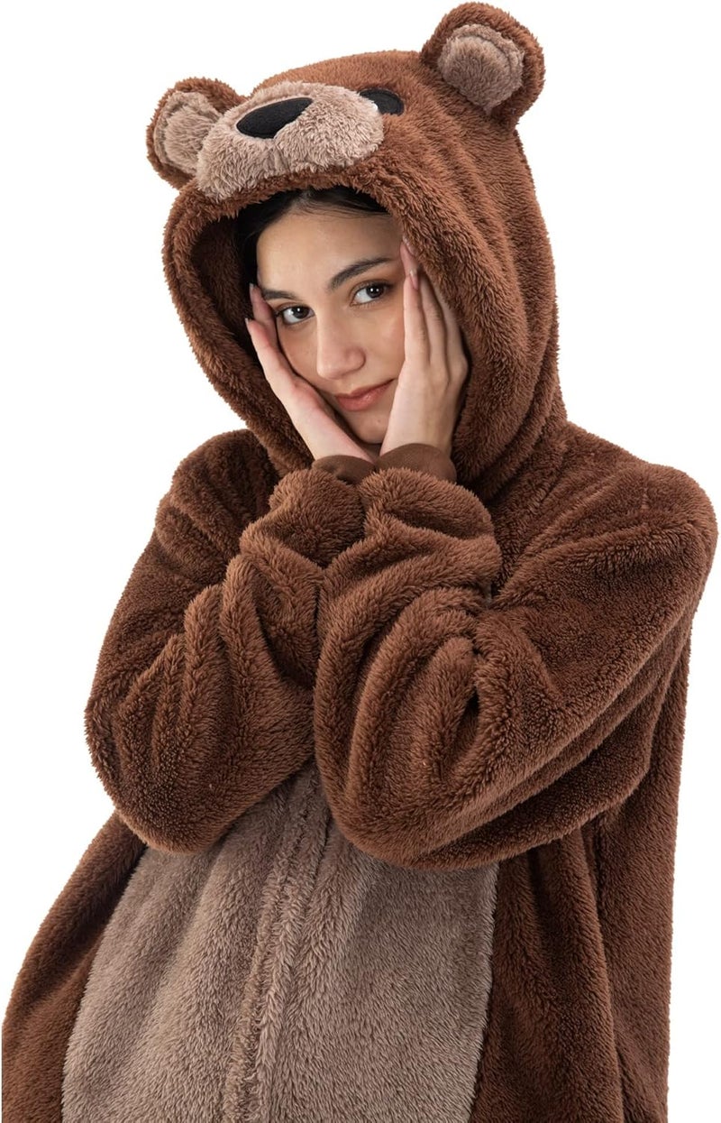 INT&TDR FANTASY Snug Fit Adult Bear Onesie Pajamas, Sherpa Cosplay Halloween Animal Zipper One Piece Costume - Image 1